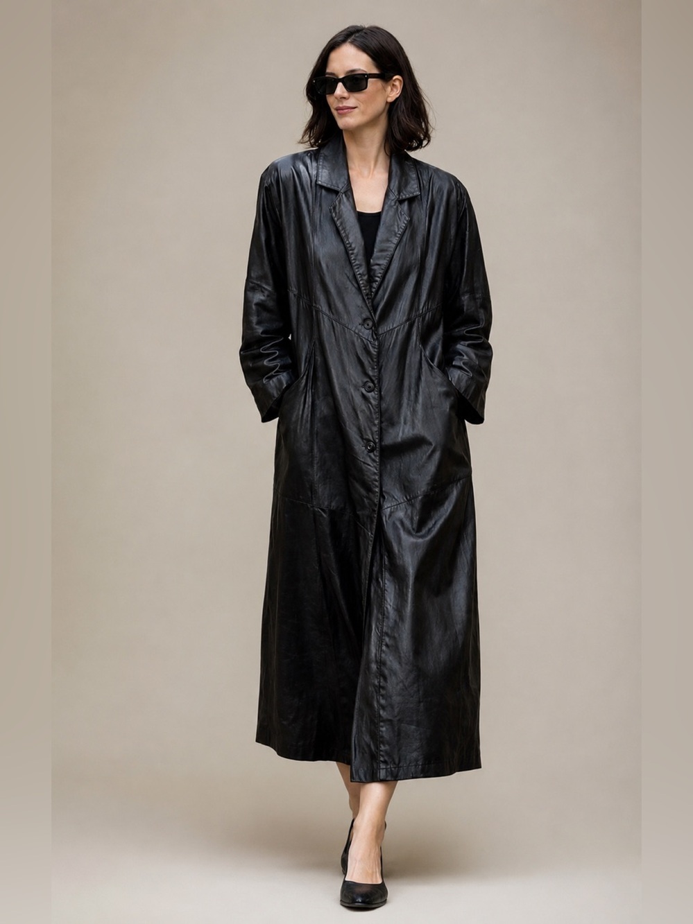 VTG G-III Genuine Leather Trench Coat Long Black Overcoat L Made in Indonesia - Picture 1 of 15